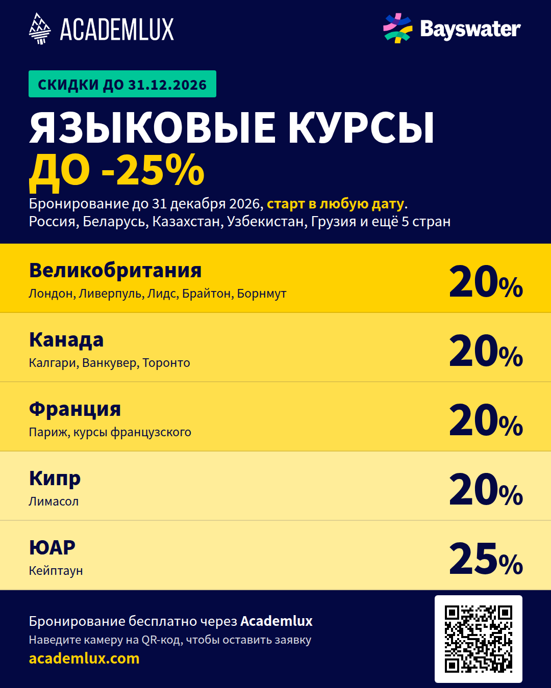 Скидки на обучение в языковой школе Bayswater