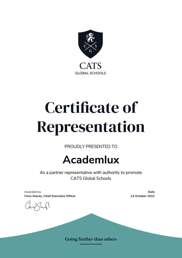 Сертификат Academlux представительства CATS Global